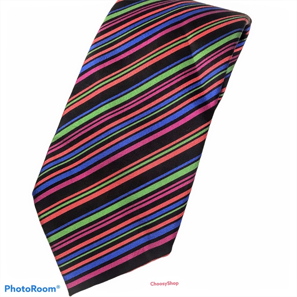 Italian Rainbow Neon Bright Multi Striped Silk Tie